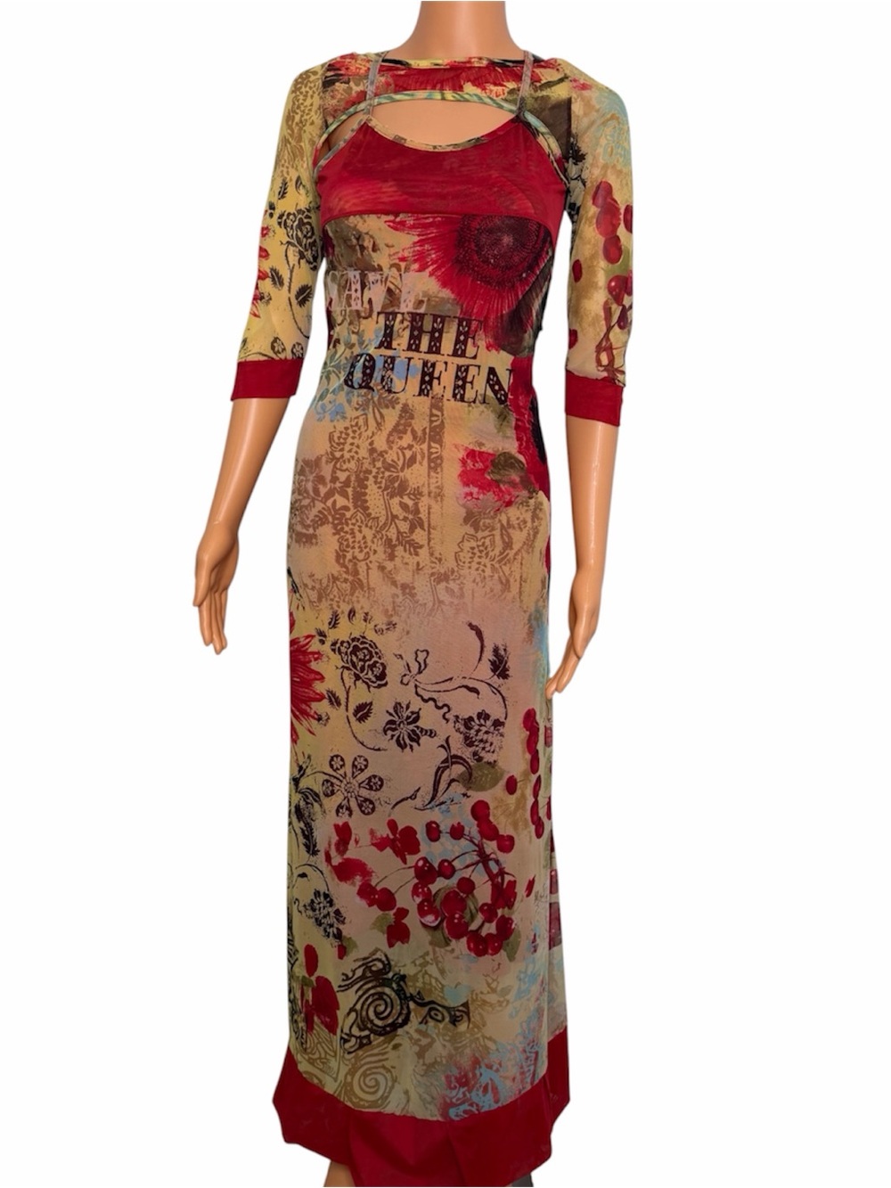 Vintage Save the Queen Mesh Maxi Dress Floral Cherry Cutout Neckline Romantic S